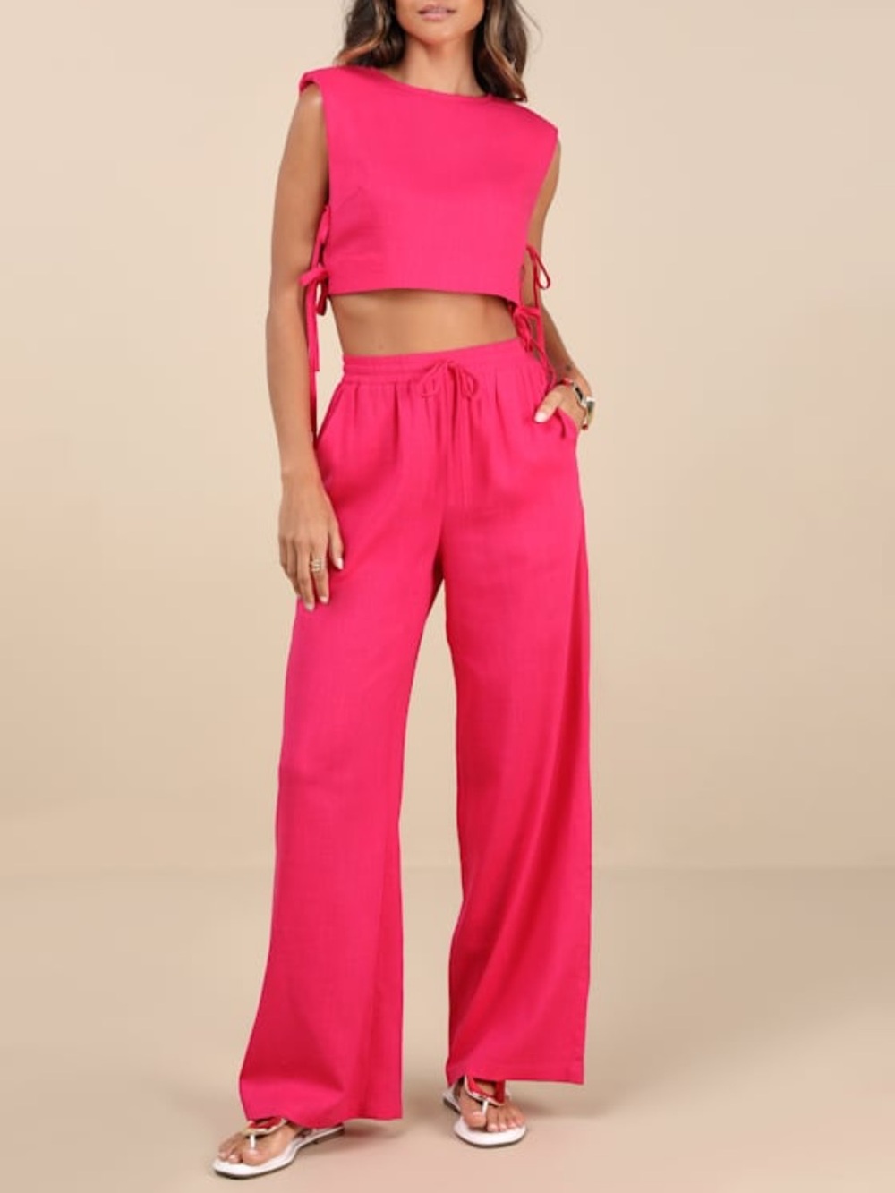 Lulu’s Irida Hot Pink Tie-Side Sleeveless Crop Top & Drawstring Pants